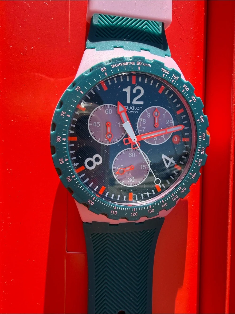 Swatch Green Silicone Strap Watch with Pink Case and Red Dial Accents - Picture 2 of 5